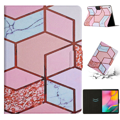 Marble pattern leather-style tablet case with fold stand, pink and blue geometric design