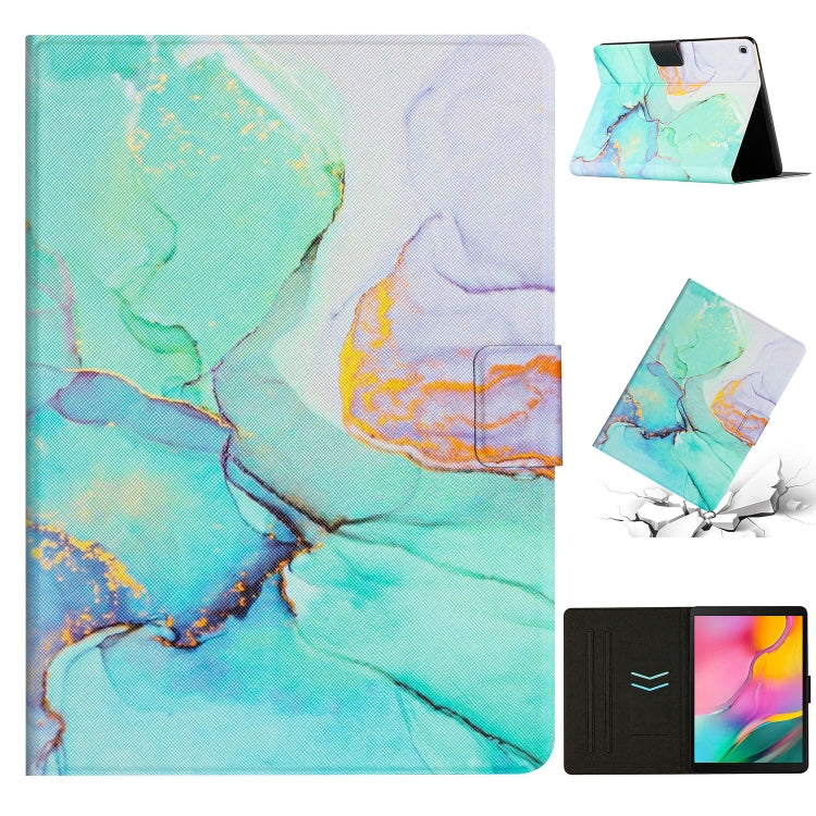 Marble-pattern leather tablet case in teal-blue marble, foldover cover with stand