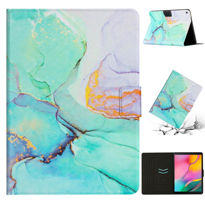 Marble-pattern leather tablet case in teal-blue marble, foldover cover with stand