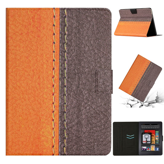Two-tone orange and dark gray smart tablet case with stitched seams and front holder