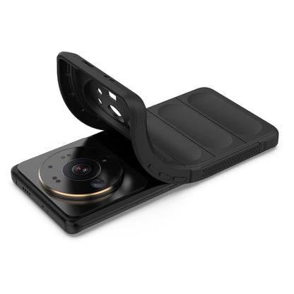 Black phone case with open front cover and camera lens cutout