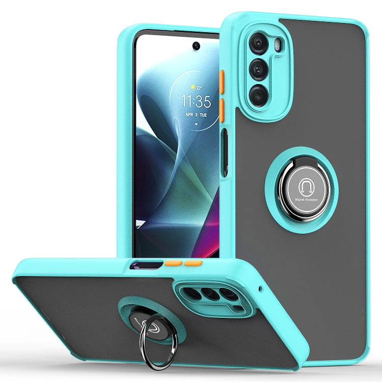Sky blue TPU and PC phone case with ring holder and dual camera cutout