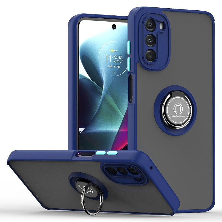 Blue phone case with circular ring holder and card-slot cutout for phone camera