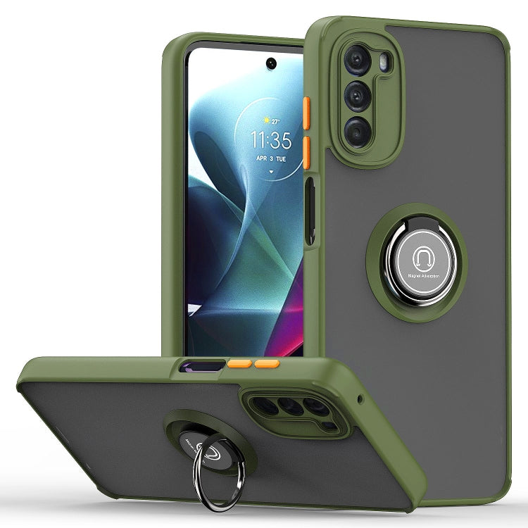 Green phone case with circular ring holder and raised camera protection