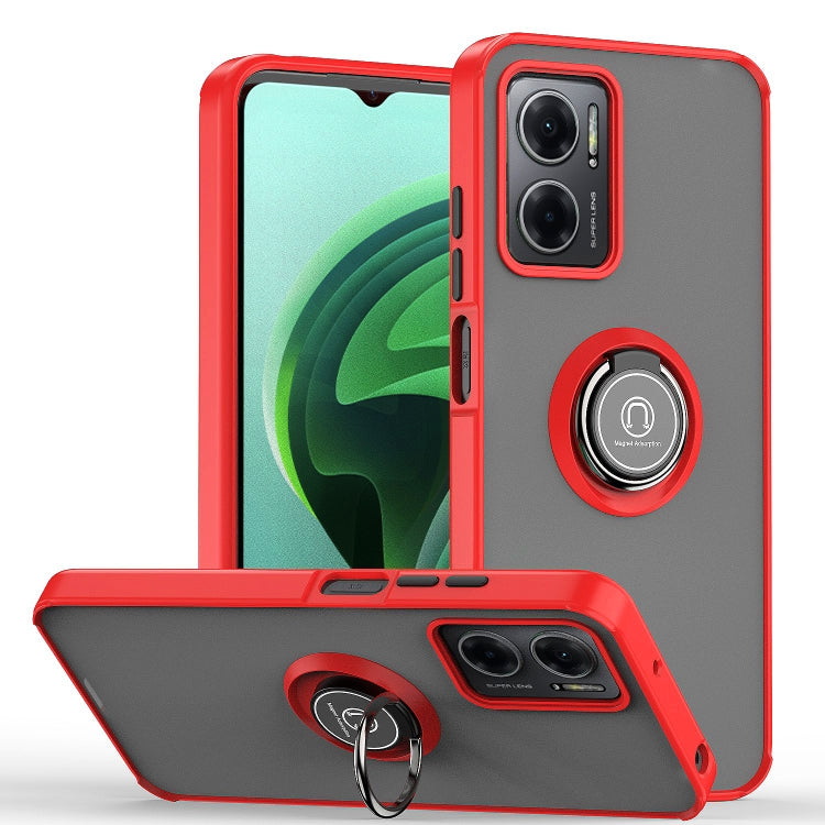 Red TPU and PC phone case with ring holder and raised camera lip