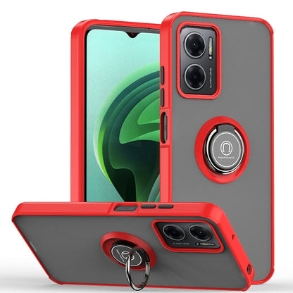 Red TPU and PC phone case with ring holder and raised camera lip