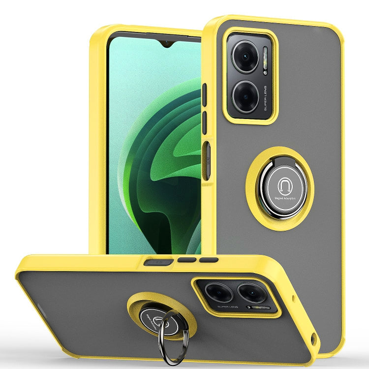 Yellow phone case with ring holder, dual camera cutout, and kickstand