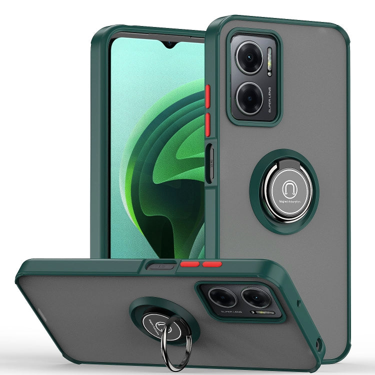Dark green TPU and PC phone case with ring holder and raised camera edges