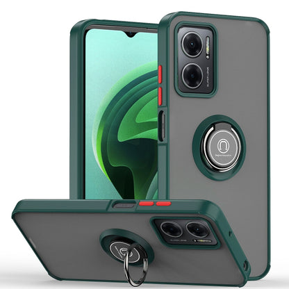 Dark green TPU and PC phone case with ring holder and raised camera edges