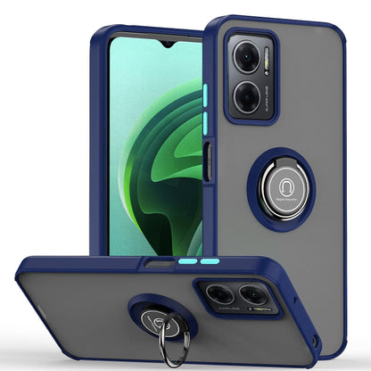 Blue rugged phone case with ring kickstand and dual camera cutouts