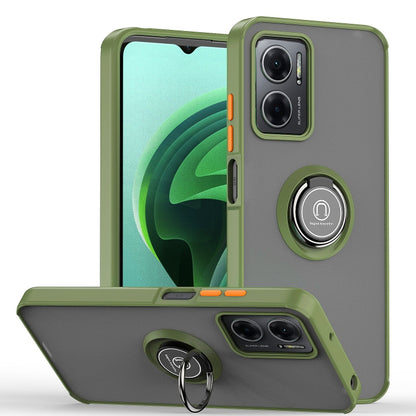 Green rugged phone case with ring kickstand and dual camera cutouts