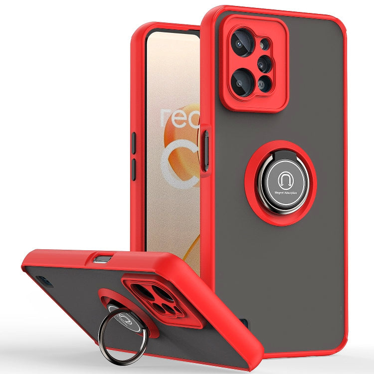 Red phone case with ring holder, side buttons, and flip stand