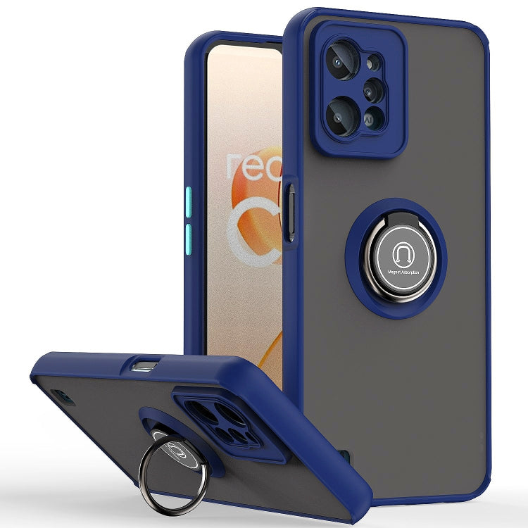 Blue protective phone case with circular ring holder and camera lens openings