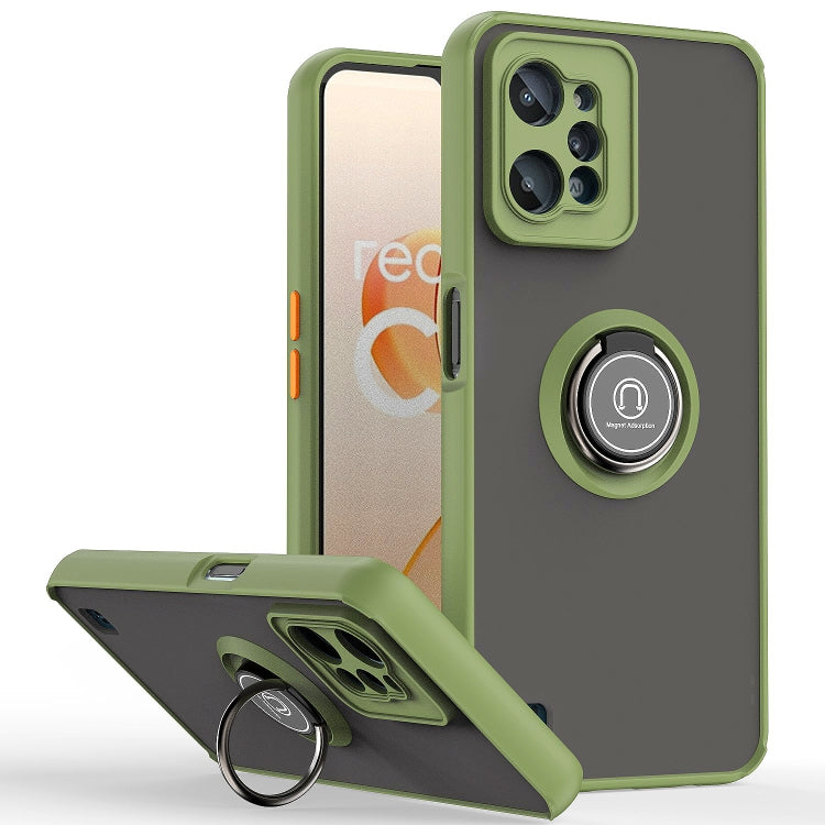 Green protective phone case with circular ring holder and camera lens openings