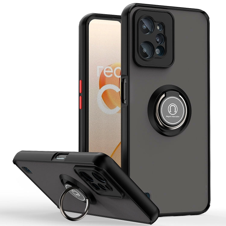 Black rugged phone case with ring kickstand and dual camera cutouts