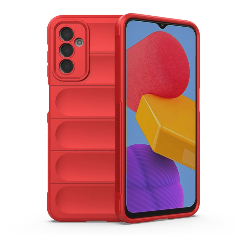 Red wallet-style phone case with textured back and card-slot compartments