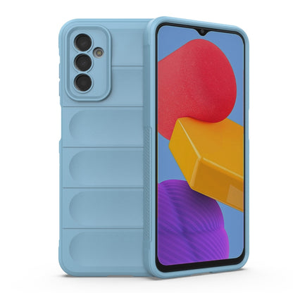 Light blue wallet-style phone case with textured back and card-slot compartments