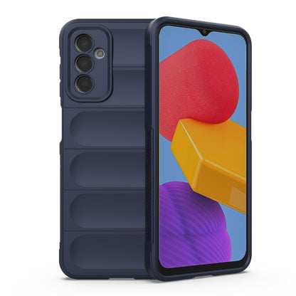 Dark blue wallet-style phone case with textured back and card-slot compartments