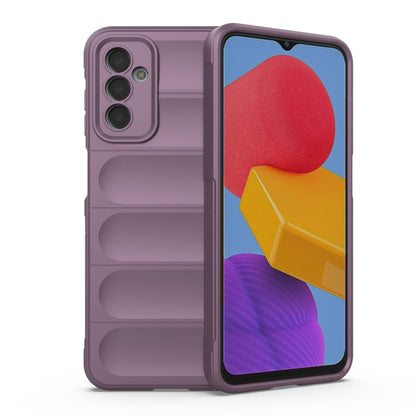 Purple wallet-style phone case with textured back and card-slot compartments
