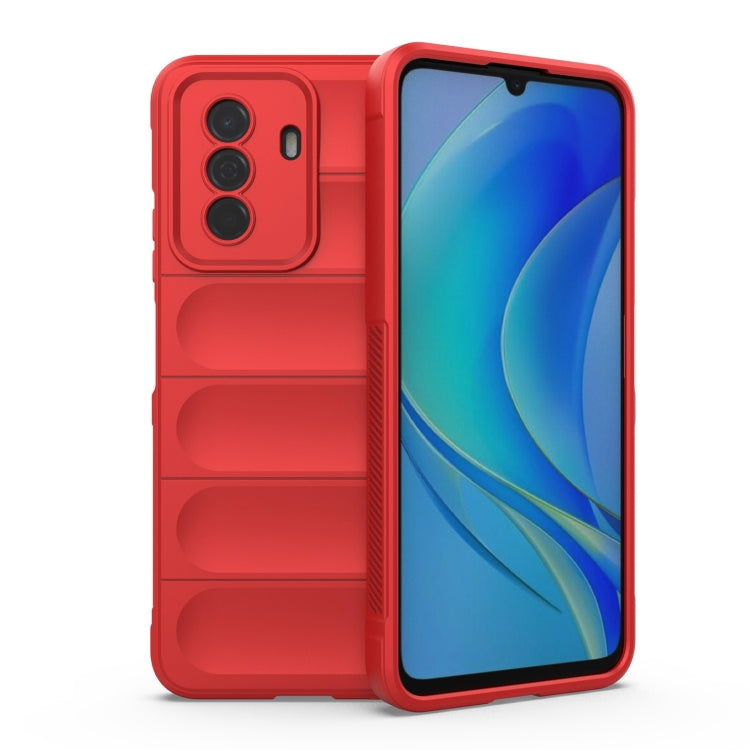 Red wallet-style phone case with textured back and card-slot compartments