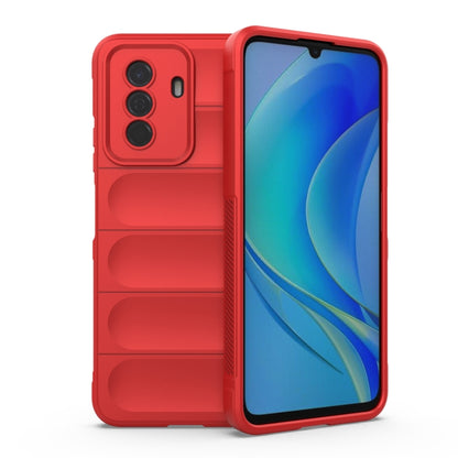 Red wallet-style phone case with textured back and card-slot compartments
