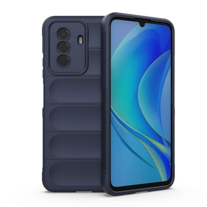 TPU phone case in dark blue, with camera cutouts and textured ridged back