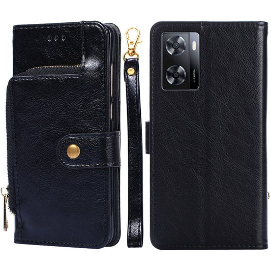 Black leather zipper phone case wallet with card slot and magnetic-style flap closure