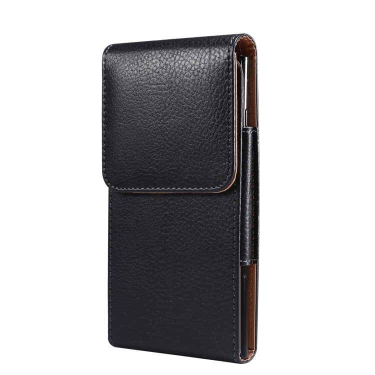 Black textured leather phone pouch with side connector and slim profile