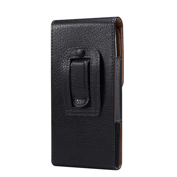 Black textured leather phone pouch with stitched belt loop and top clasp