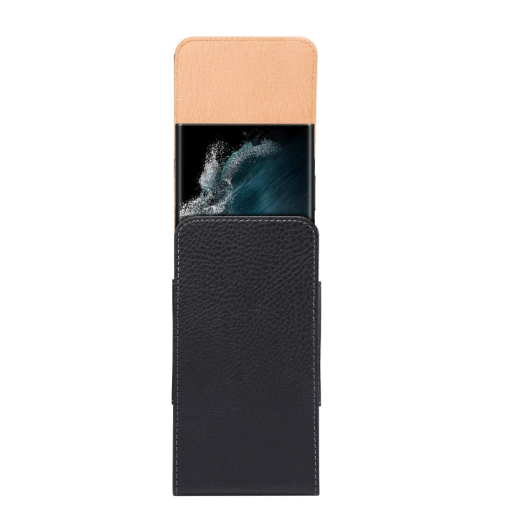 Two-tone leather phone waist pouch with light tan top panel and black body
