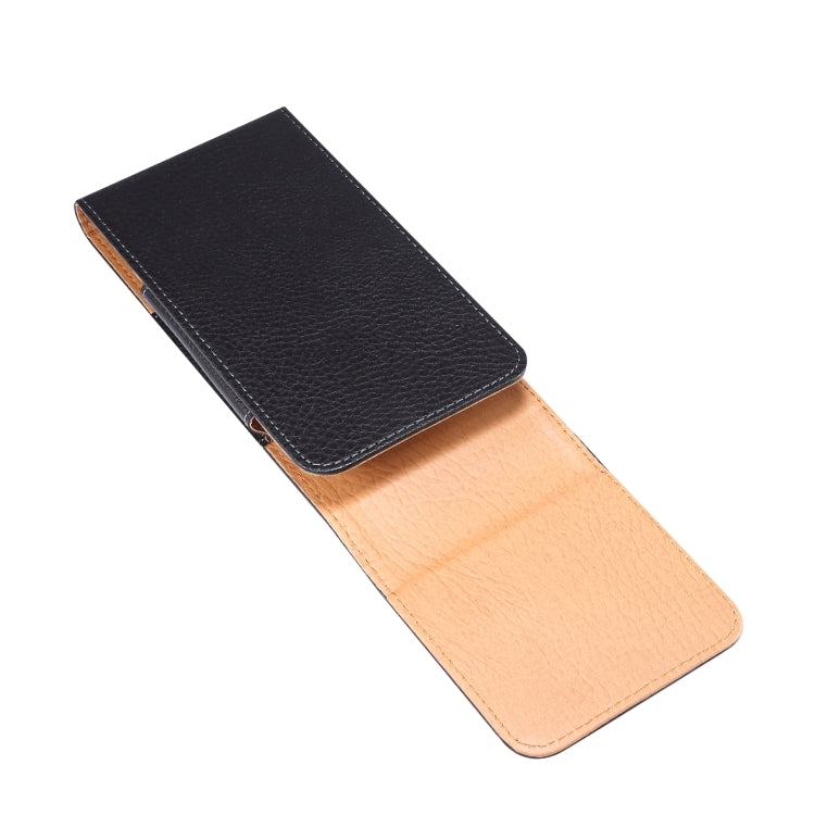 Two-tone leather phone pouch with black top panel and tan reverse side