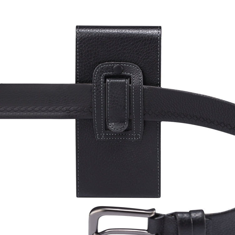 Black textured leather phone waist bag with belt loop clip close-up