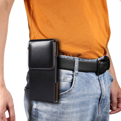 Glossy black leather waist phone bag with front flap and snap closure