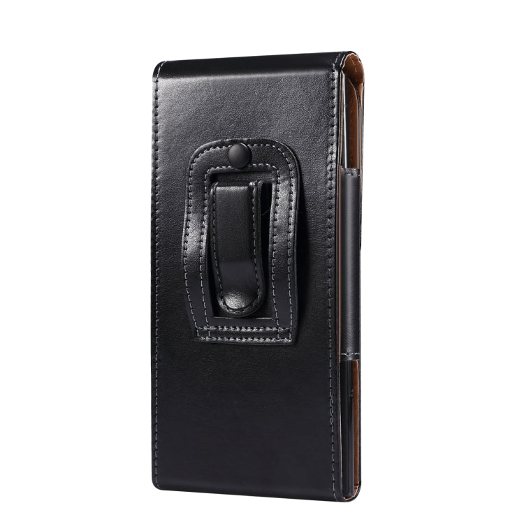 Black leather waist phone bag with front strap tab and snap closure