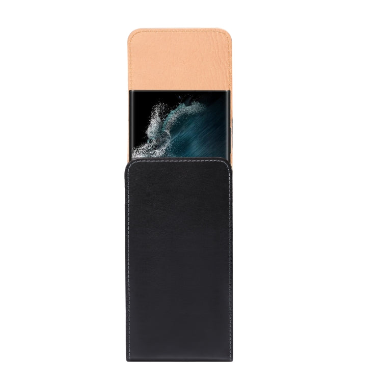 Two-tone black and tan leather waist phone bag with front flap closure