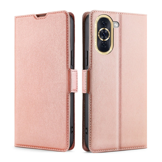 Rose gold leather flip phone case with side buckle, covering phone edges