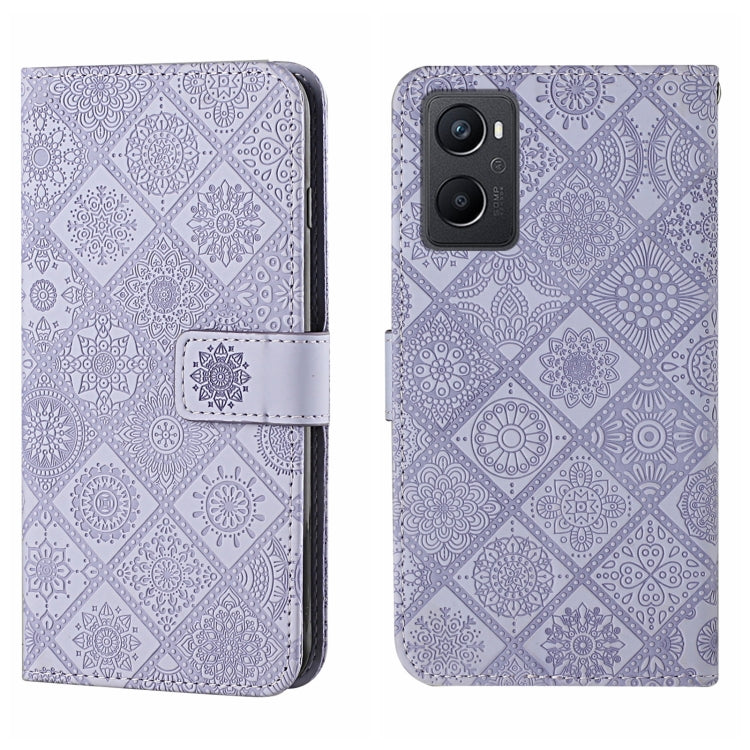 Purple embossed pattern leather wallet phone case with fold-over strap and cutouts