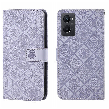 Purple embossed pattern leather wallet phone case with fold-over strap and cutouts
