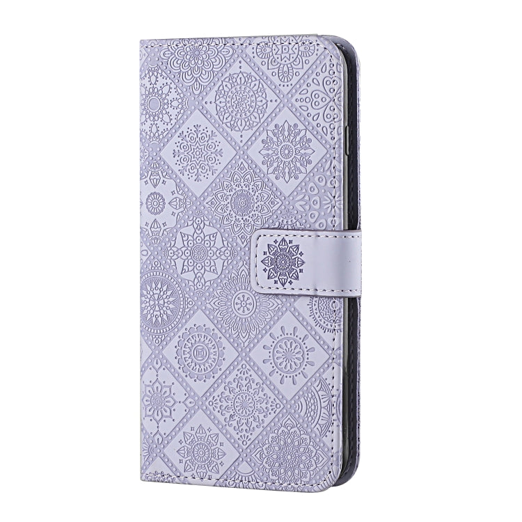 Purple embossed pattern leather wallet phone case, folio style with side strap