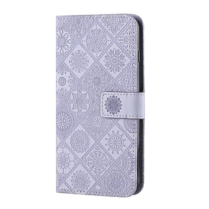 Purple embossed pattern leather wallet phone case, folio style with side strap