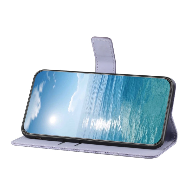 Purple embossed wallet phone case with fold-over stand, screen-facing side