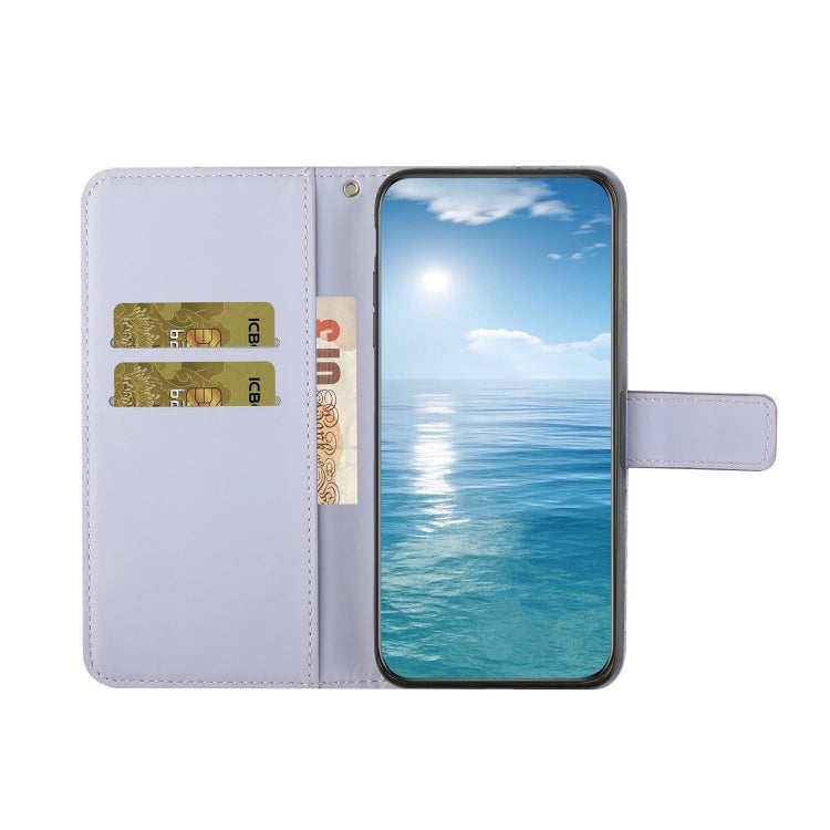 Light purple embossed leather wallet phone case with card slots and strap