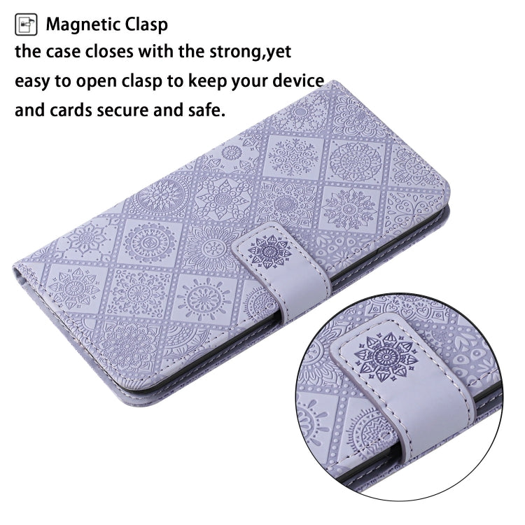 Purple embossed leather folio phone case with magnetic clasp and stitched trim