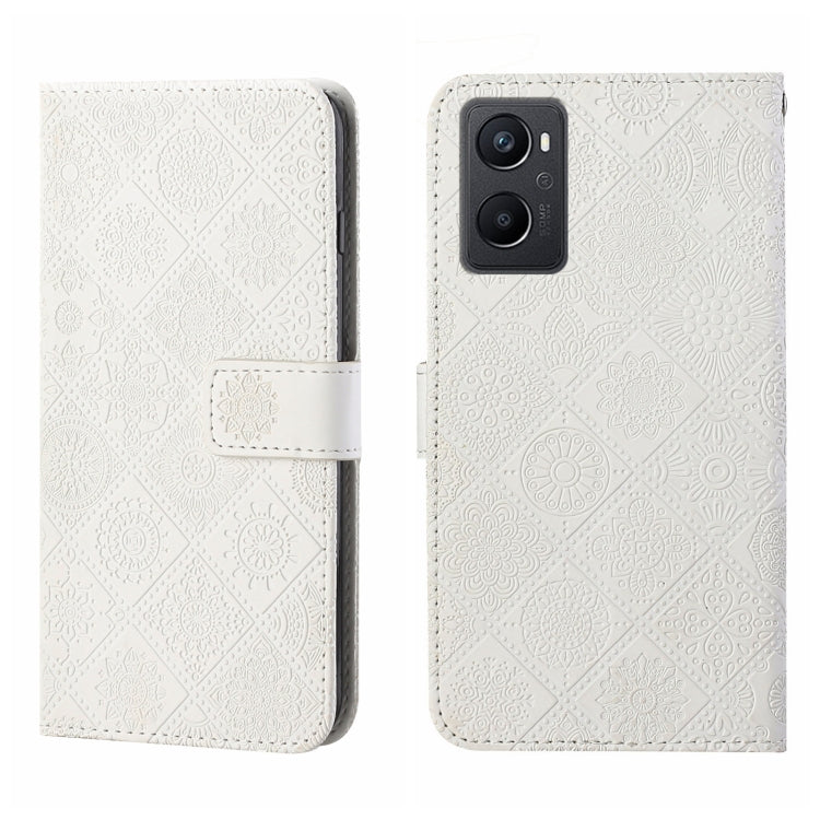 White embossed pattern leather wallet phone case with fold-over strap and cutout