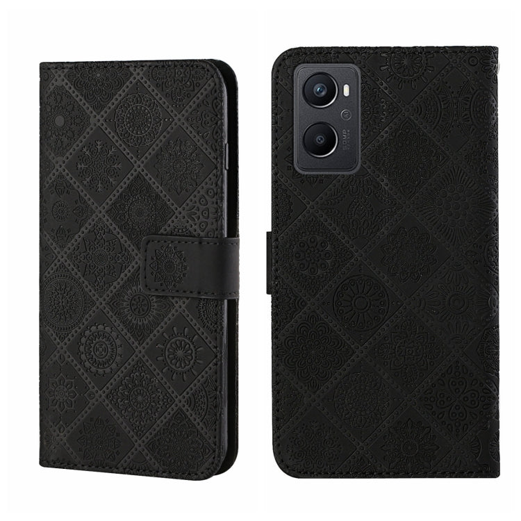 Black embossed pattern leather wallet phone case with fold-over strap and camera cutout