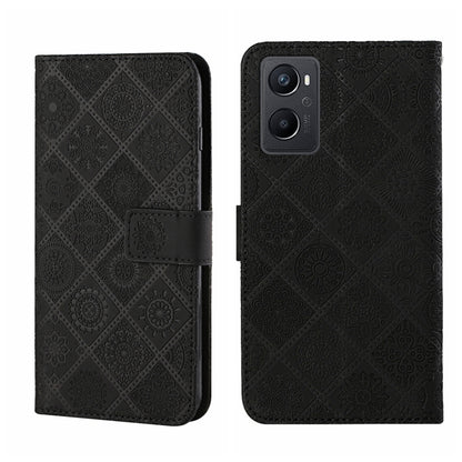 Black embossed pattern leather wallet phone case with fold-over strap and camera cutout
