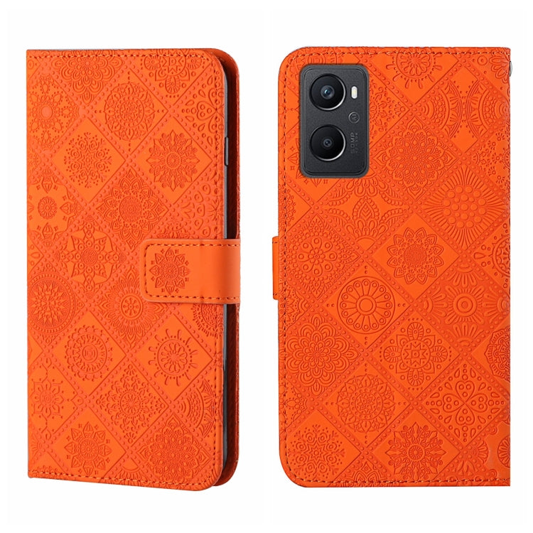 Orange embossed pattern leather wallet phone case with fold-over strap and cutouts