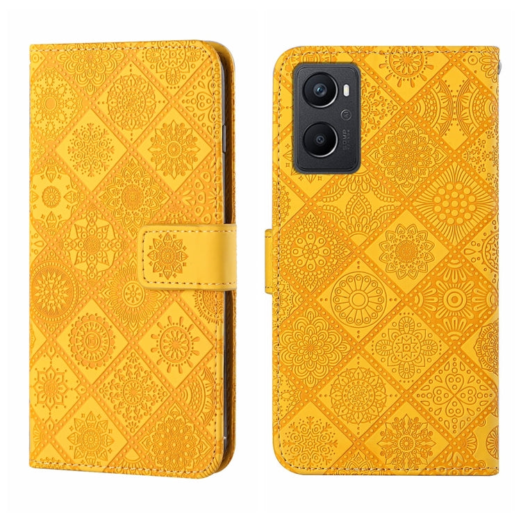 Yellow embossed pattern leather wallet phone case with fold-over strap and camera cutout