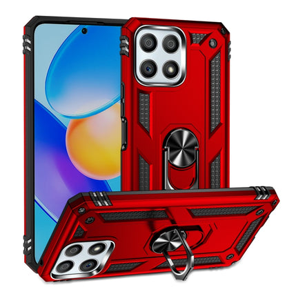 Red rugged phone case with 360° rotating kickstand and raised camera bumper corners