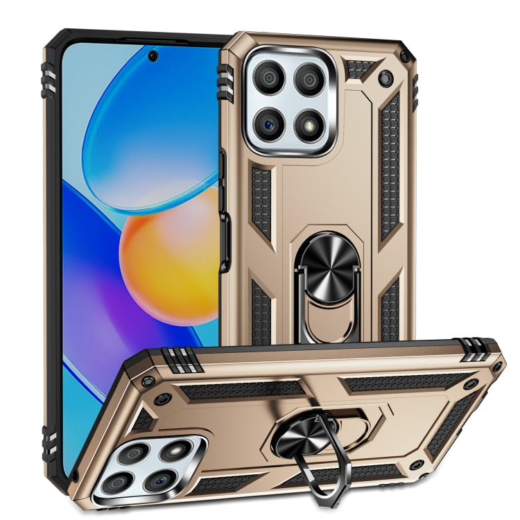 Gold rugged phone case with 360° rotating kickstand and textured grip side panels